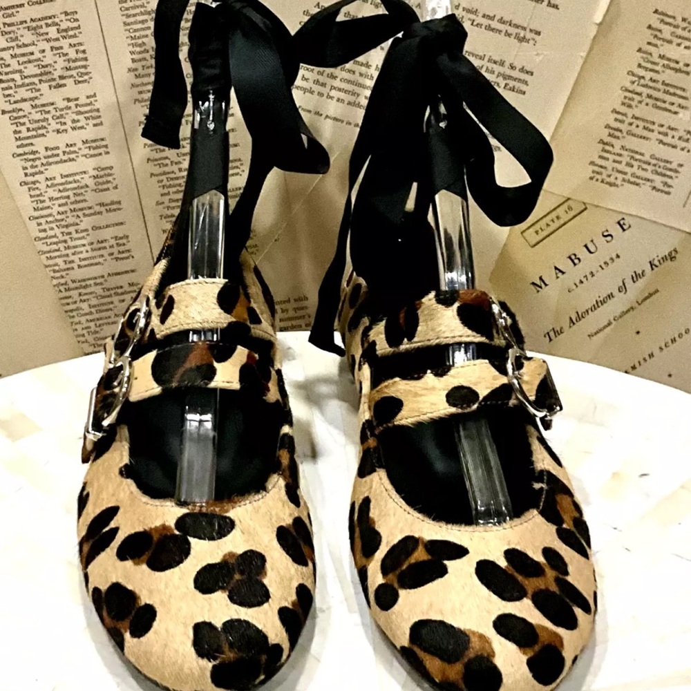 Anthropologie Alohas Thekla Mary Jane Ballet Flat Leopard Hair Print Lace Up - Picture 5 of 10